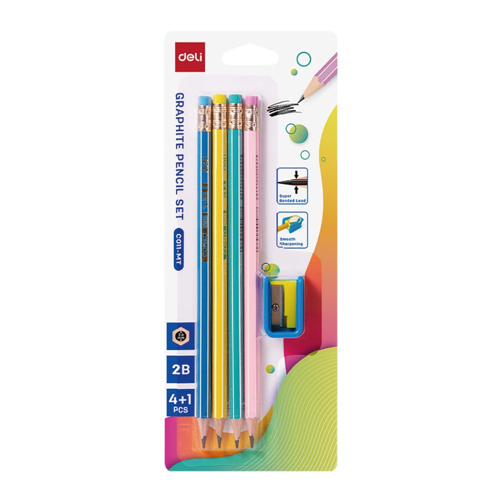 Kit 4 Lápis grafite 2B sextavado coloridos com borracha + apontador Deli
