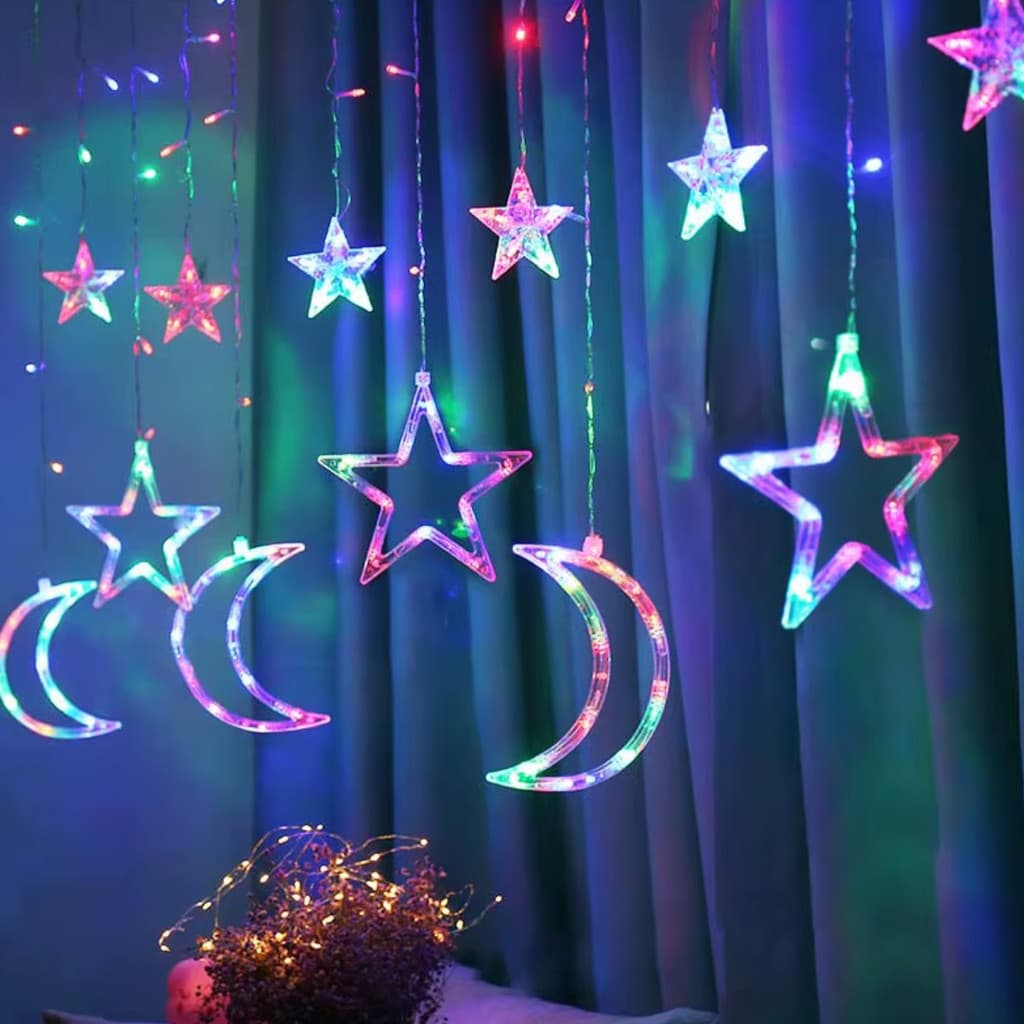 Cascata Luzes De Natal Led- Estrela E Lua 3,5mts 110v