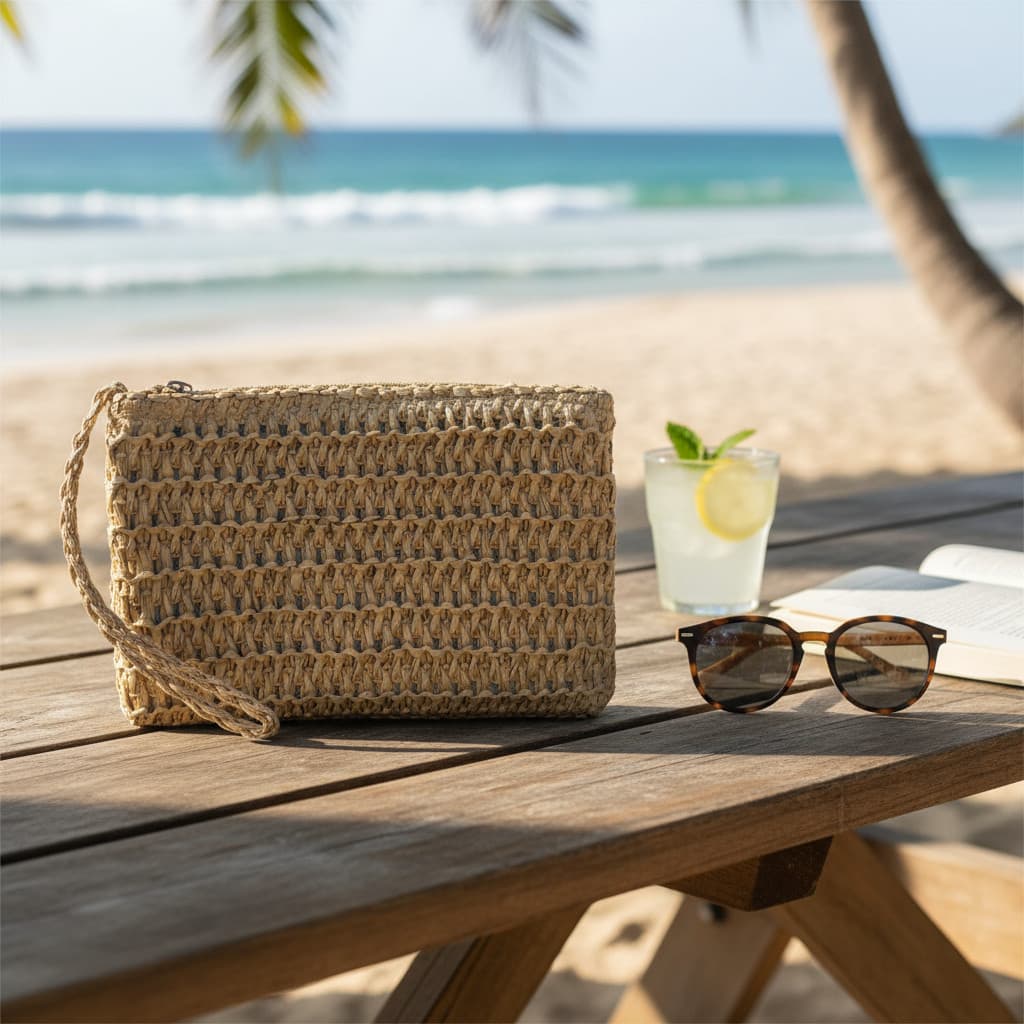 Carteira Feminina Clutch Palha de Verão com Zíper e Alça Bolsa de Mão Praia Festa Casamento Forrada e Leve