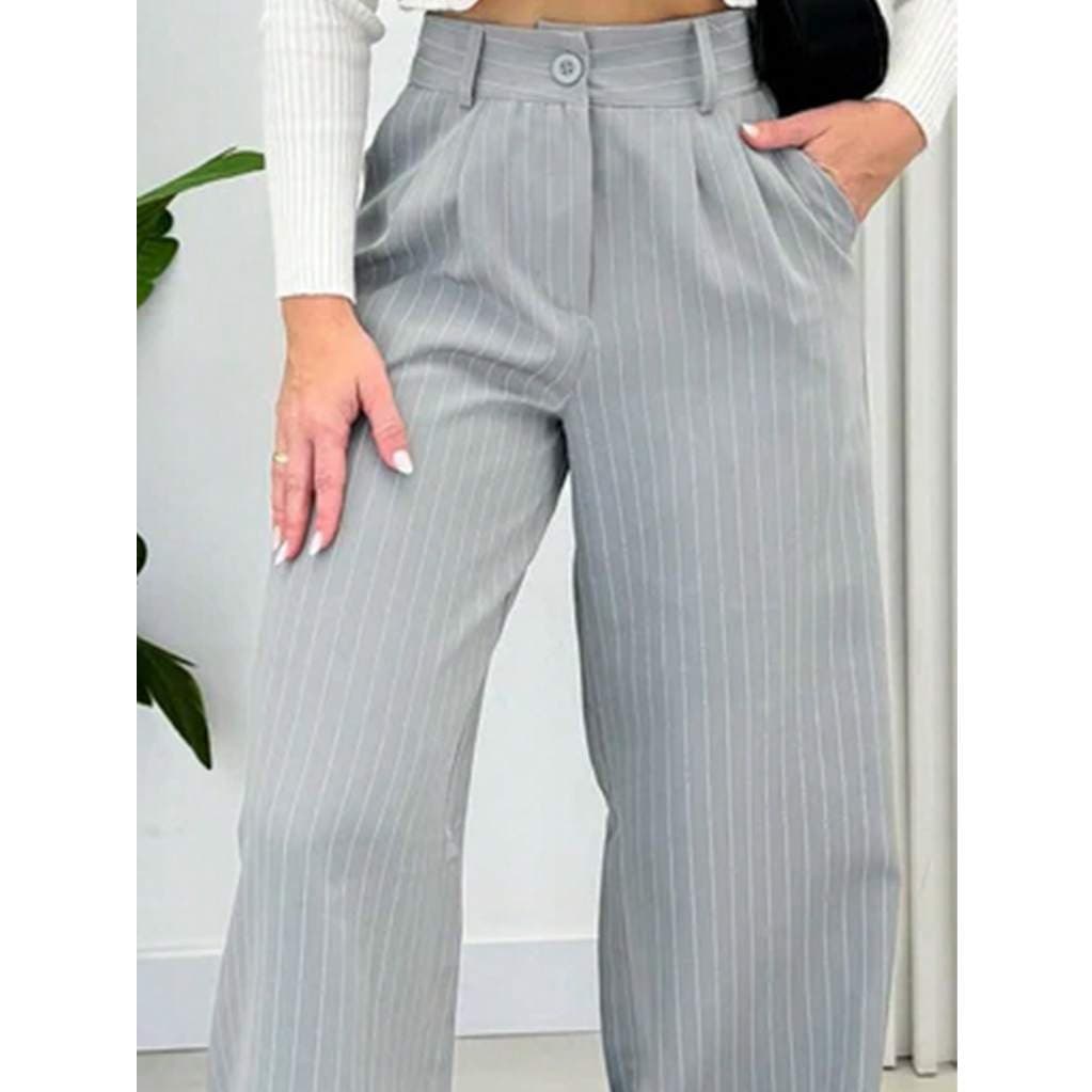 Calça Pantalona Alfaiataria Feminina Cintura Alta com Bolso Giz Wide leg