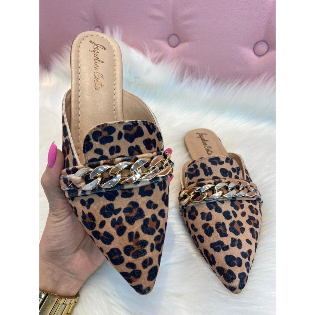 Mule Feminino Rasteira Animal Print Onça Detalhe Dourado Tendência Verão Moda Confortável Hope Shoes