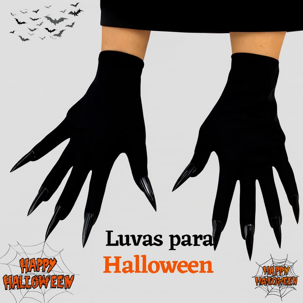 ✅️ Luva Halloween com Unhas Pretas – Fantasia Bruxa ou Monstro 🕷️💅