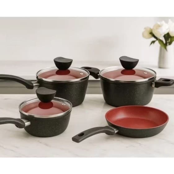 Conjunto Panelas Antiaderente 4 Pecas Tampa Vidro Design Moderno Preto Vermelho