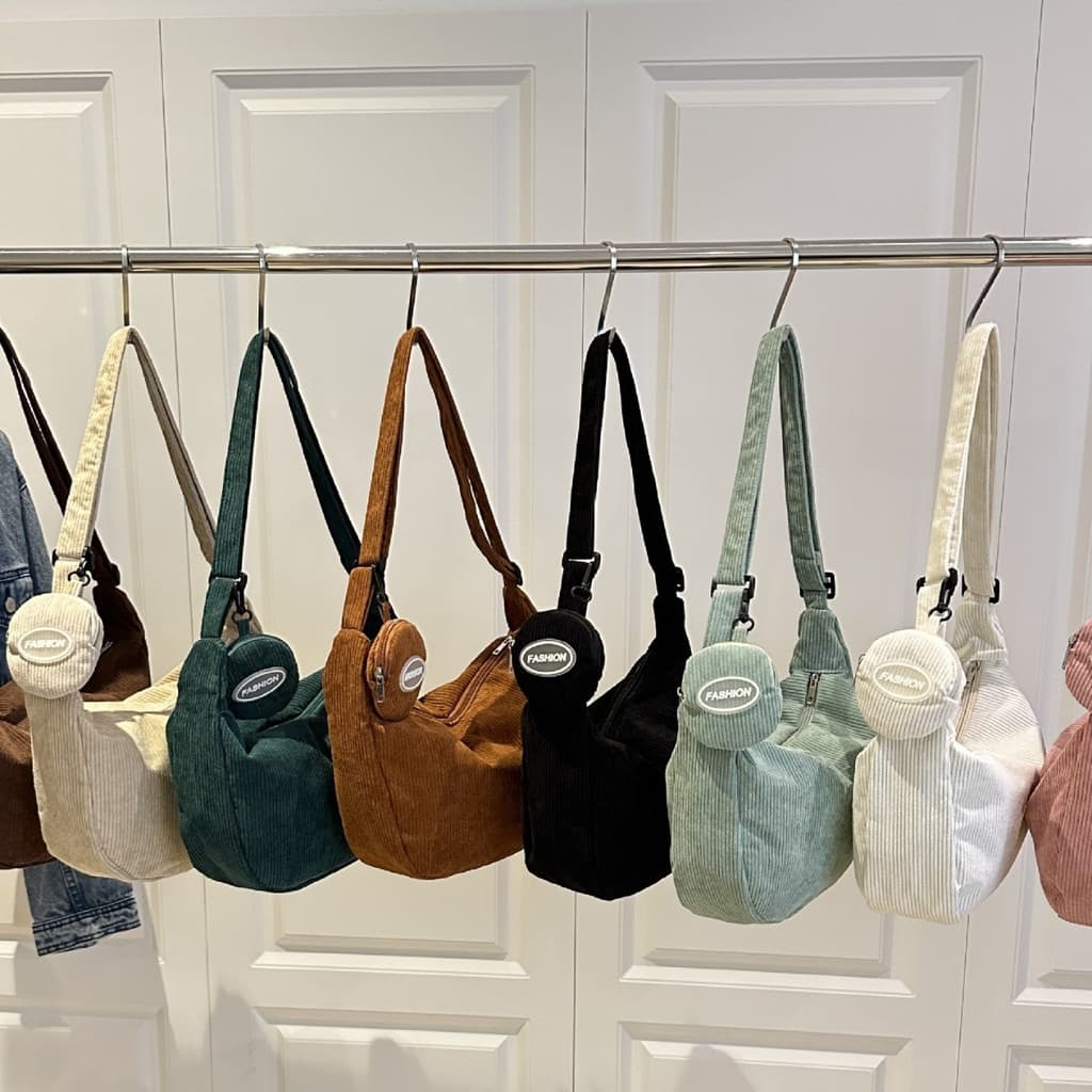 Bolsa transversal de veludo cotelê, grande capacidade, vários bolsos, leve, fecho de zíper