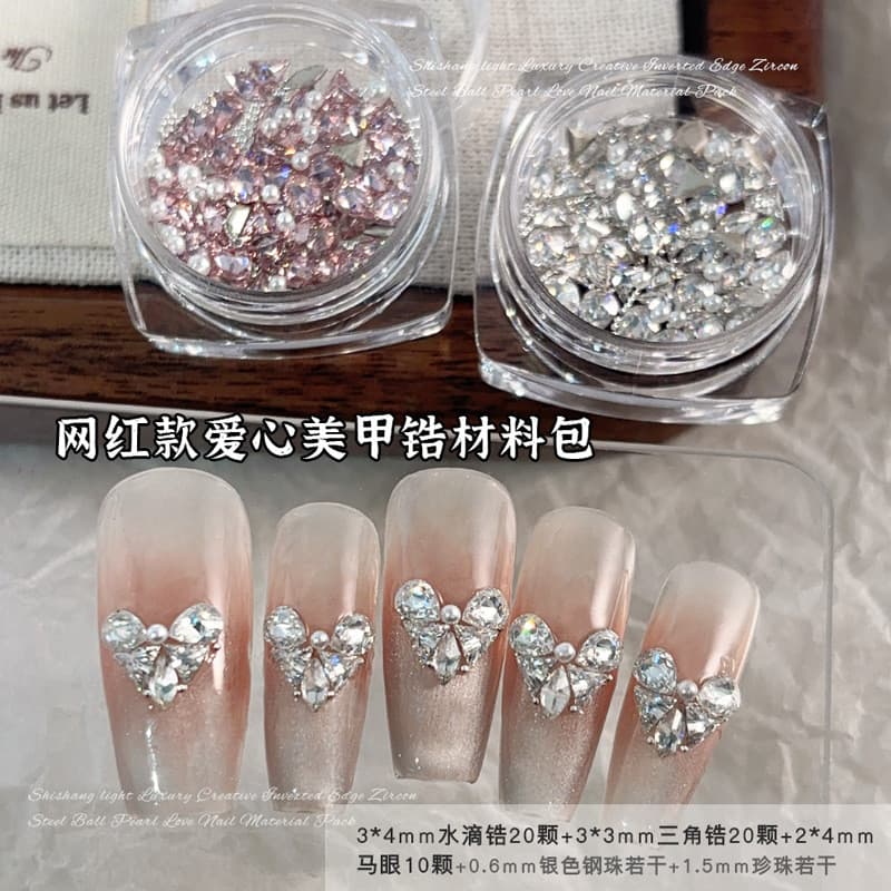 Acessórios de Manicure pequenos acessórios amor borboleta zircão diamante conjunto caixa Strobe costura coração Material