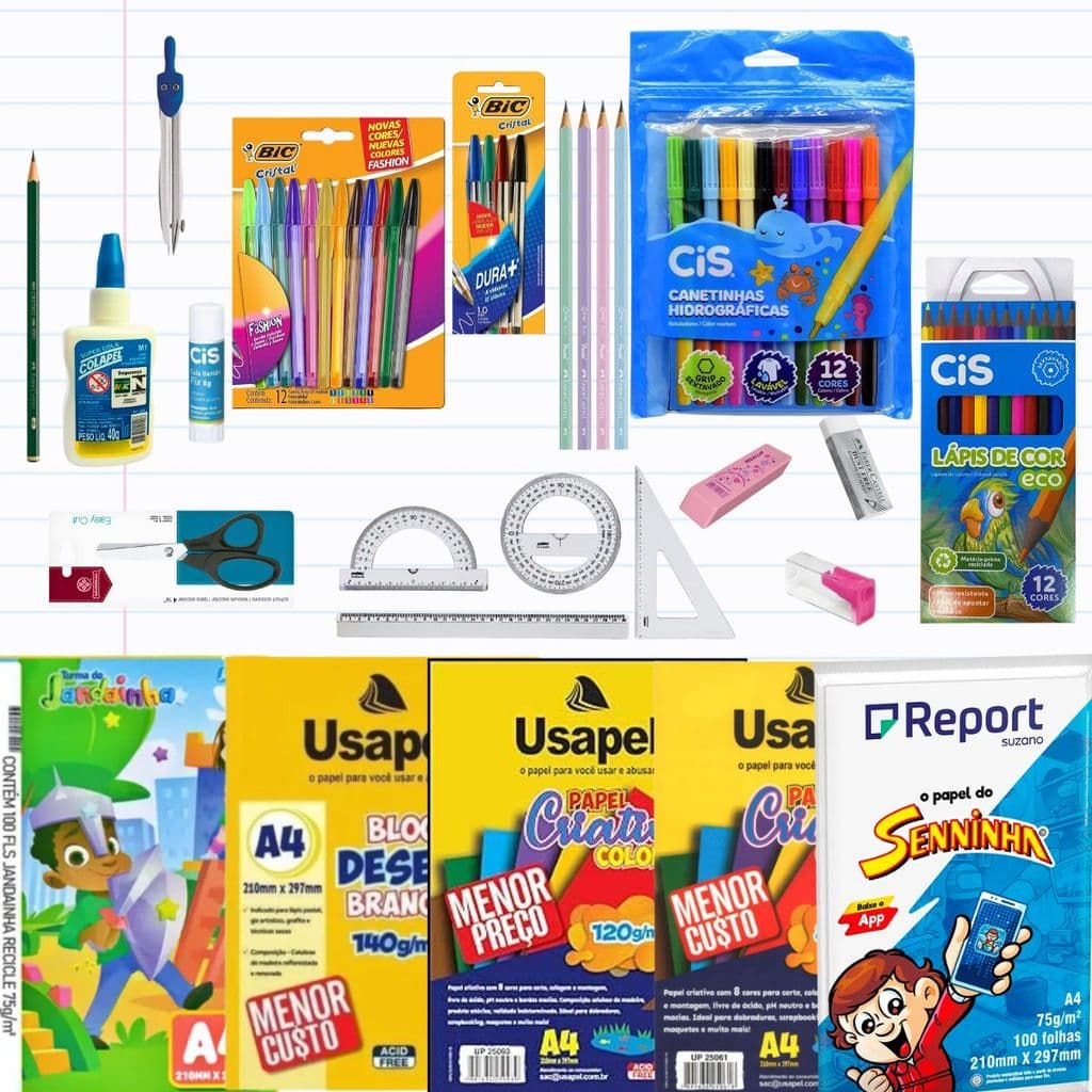 KIT 2 GRAU +PAPEIS+ MATERIAS DE ESCRITA BIC E COLORIR CIS + COMPASSO BORRACHA APONTADOR COLA TESOURA