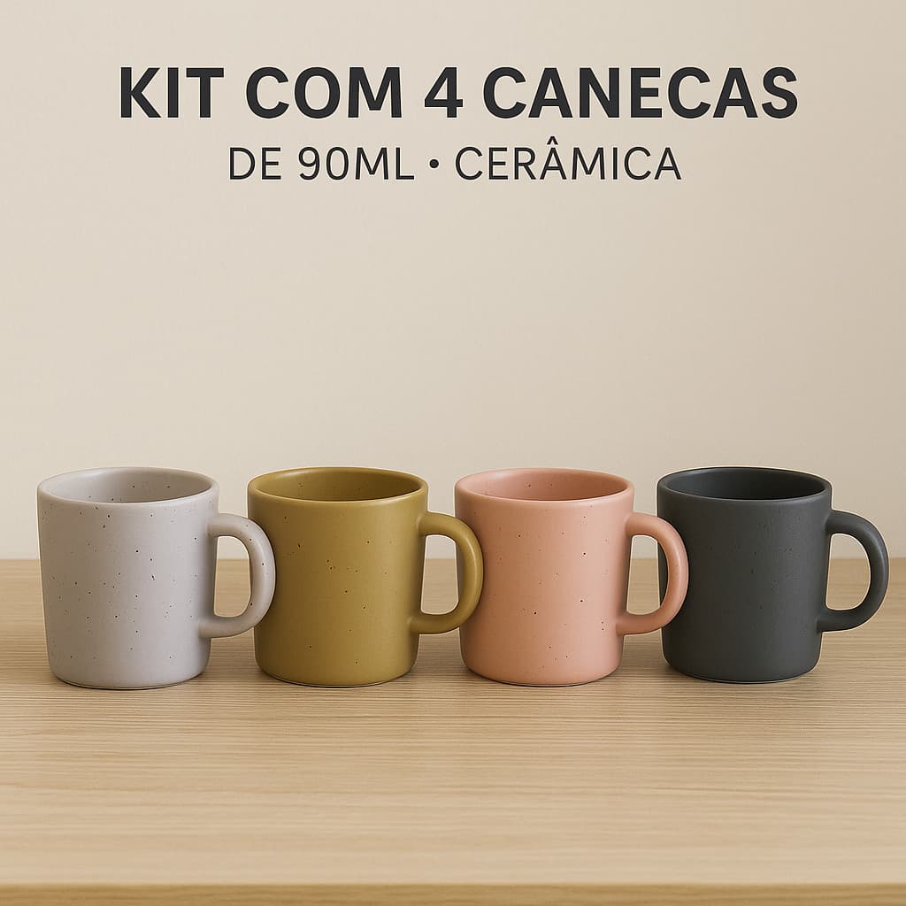 Kit com 4 Canecas de Cerâmica 90ml – Cores Neutras e Modernas