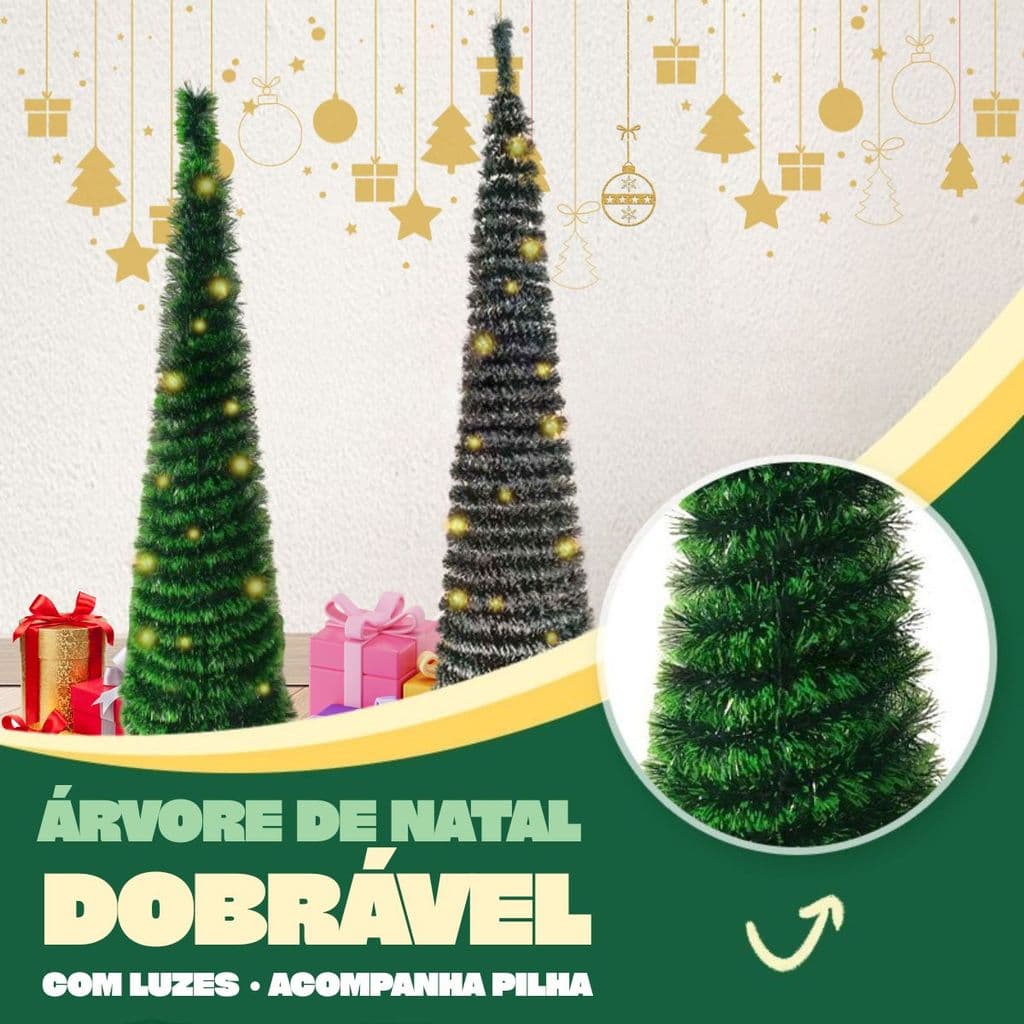 Decoração De Natal Árvore Dobrável Com Luz Sanfonada Luxuosa Slim 1,50m Já com Luz e 3 Pilhas