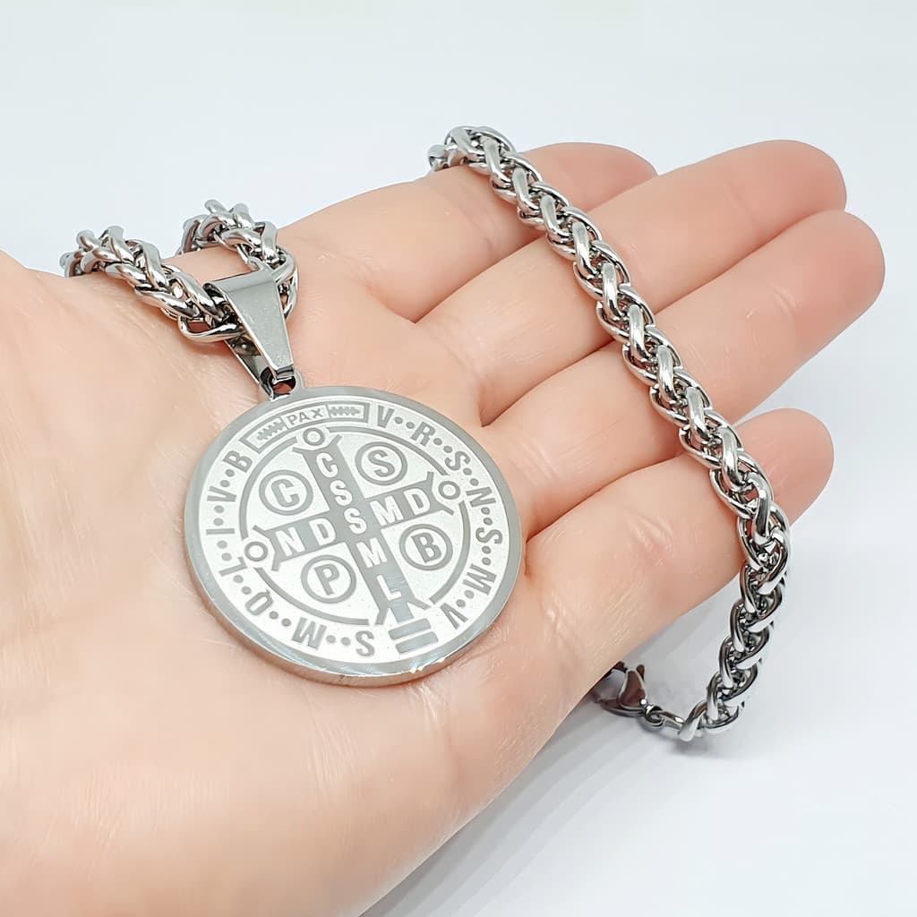Corrente Cordão Palmier Aço Cirurgico + Pingente São Bento Cor Prateado Grande