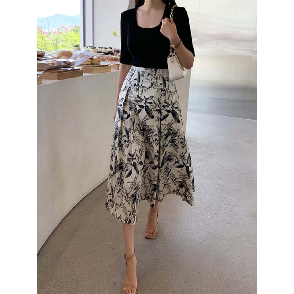 Novo estilo chinês tinta impressa saia feminina 2025 novo estilo verão comprimento médio cintura alta a linha grande bal