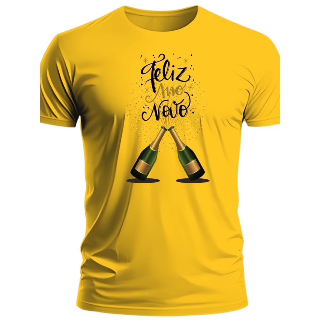 Camiseta Feliz Ano Novo Desenho Champagne 100% Algodão Unissex