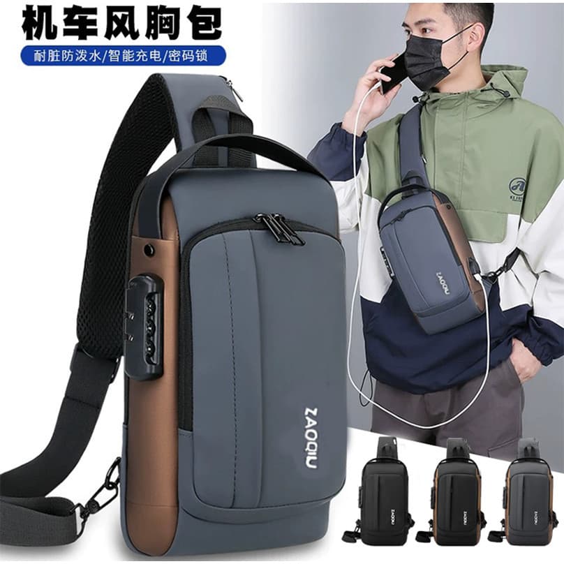 Mochila de Ombro  Transversal Masculina Compacta,Unilateral USB Trava de Código Resistente água