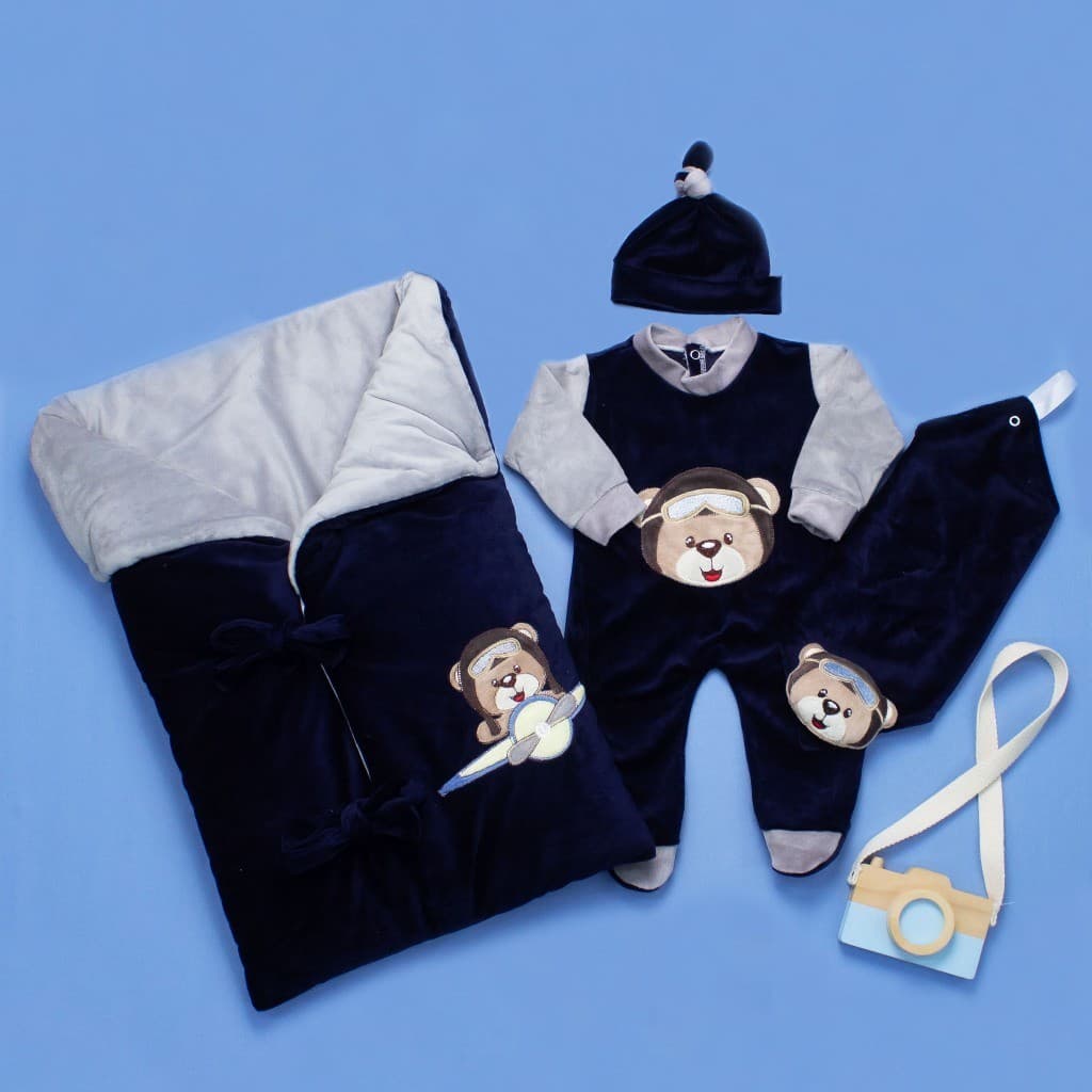 Saída Maternidade Aviador Azul Marinho Bebê Menino Plush Inverno Quentinho com Porta Bebê