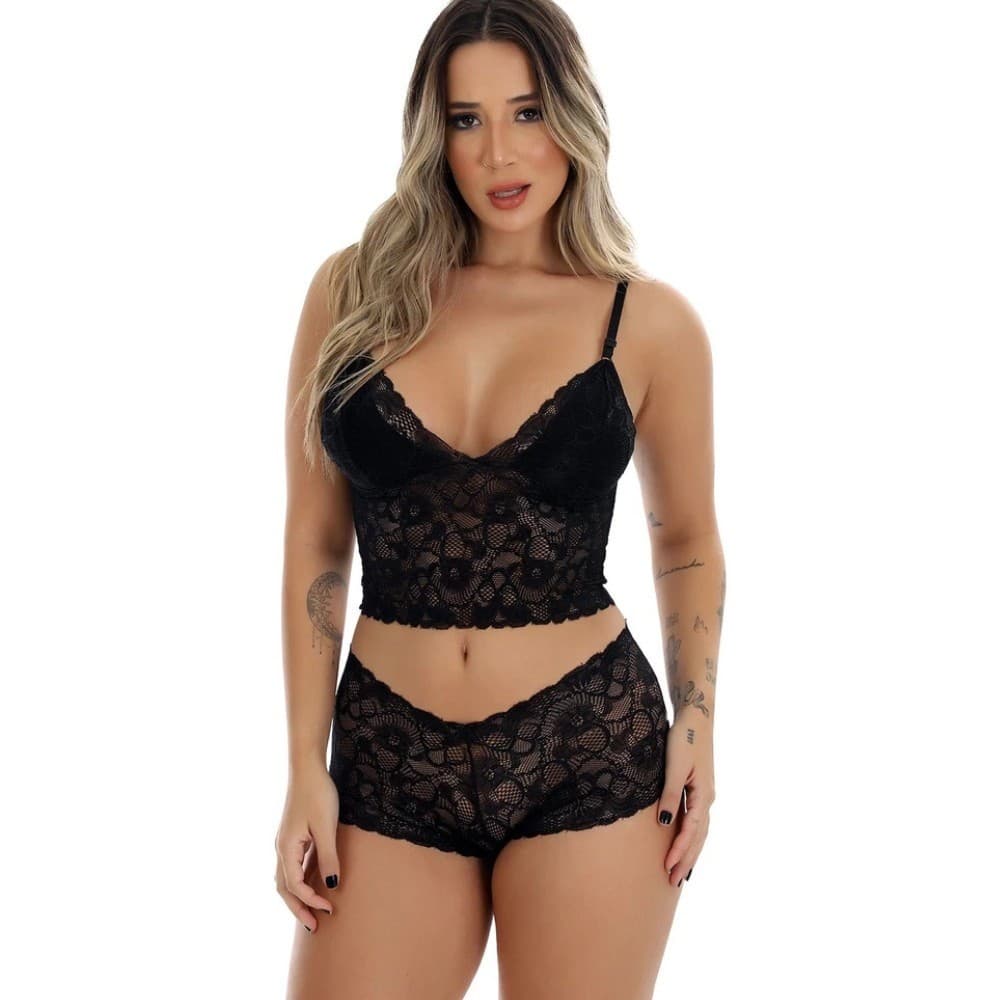 Conjunto Renda Espera Marido Feminino Com Forro Sem Bojo Langerie Baby Dool Moda Íntima