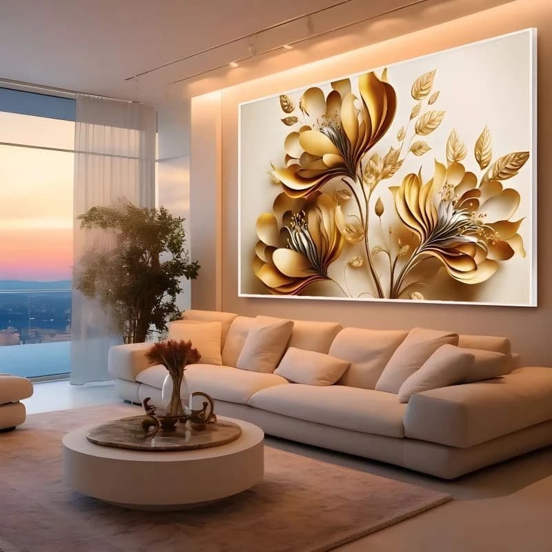 Quadro Decorativo 110x80cm Flores Dourada Fundo Branco Luxo Casa Sala Quarto Decoração De Parede Grande Moderno