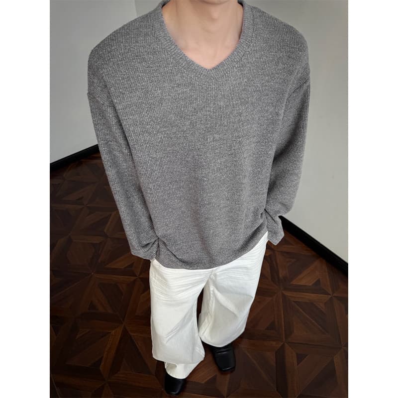 Textura pesada roupa interior de malha masculina primavera outono americano cleanfit estilo preguiçoso solto com decote