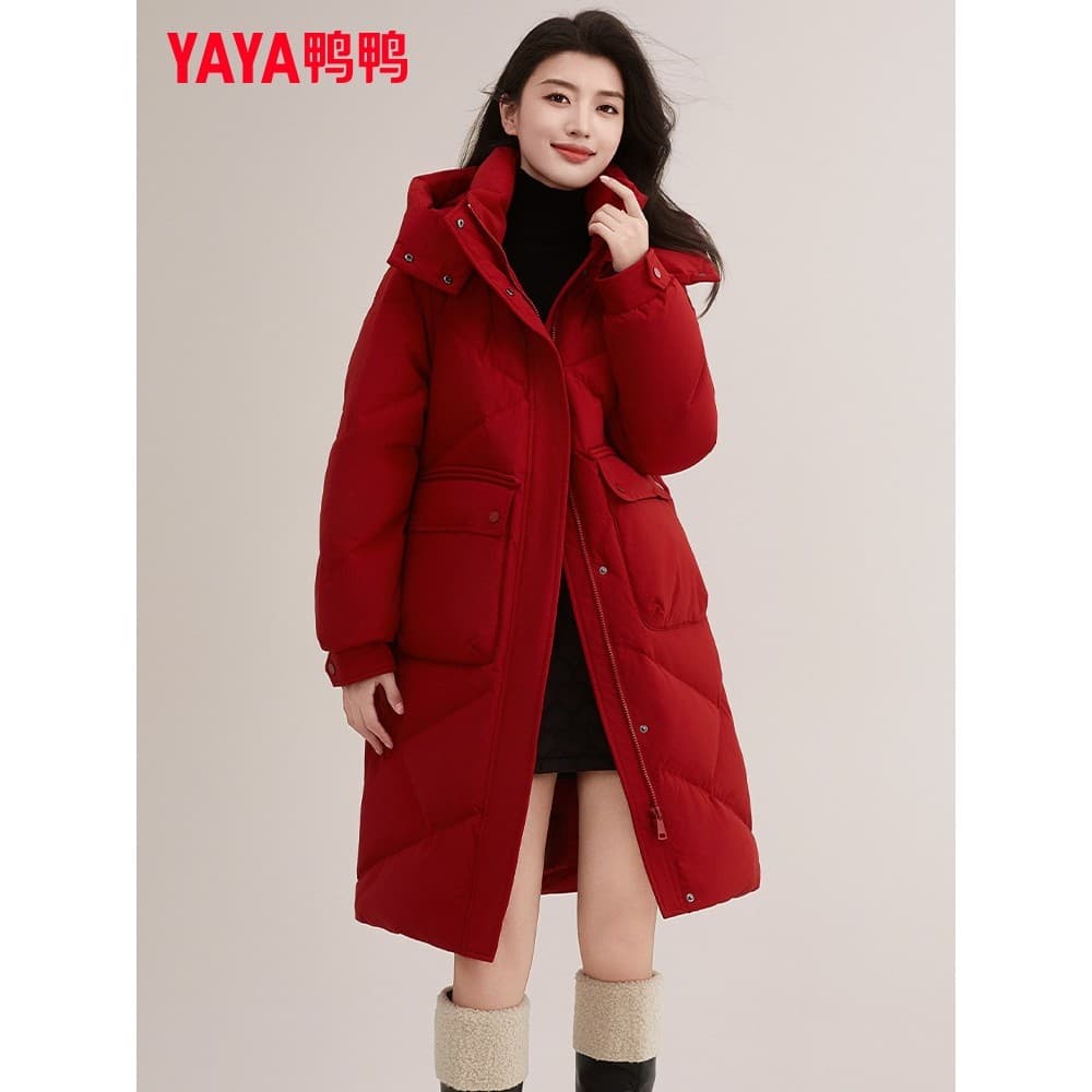 Pato pato vermelho para baixo jaqueta feminina de comprimento médio 2026 inverno novo estilo moda grande bolso com capuz