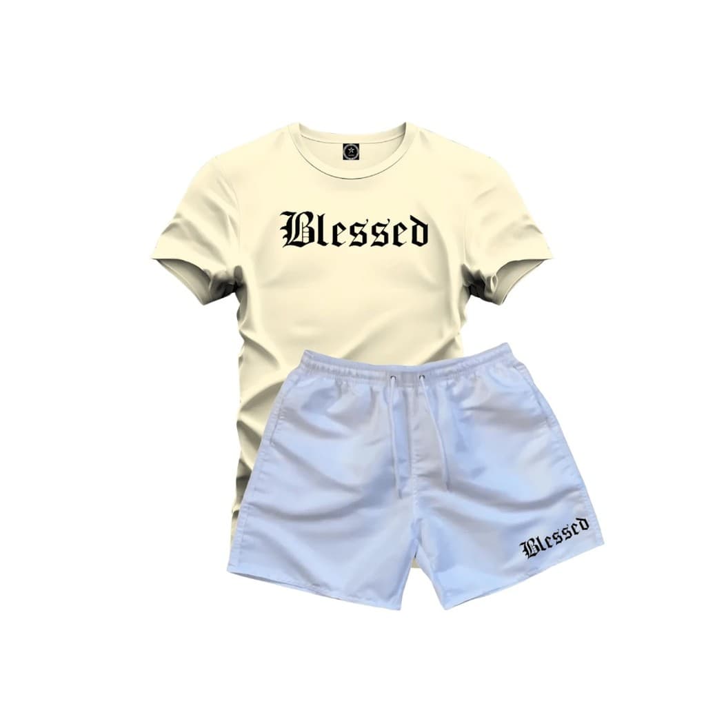 Conjunto Camiseta blessed  100% Algodão + Short Tactel Branco
