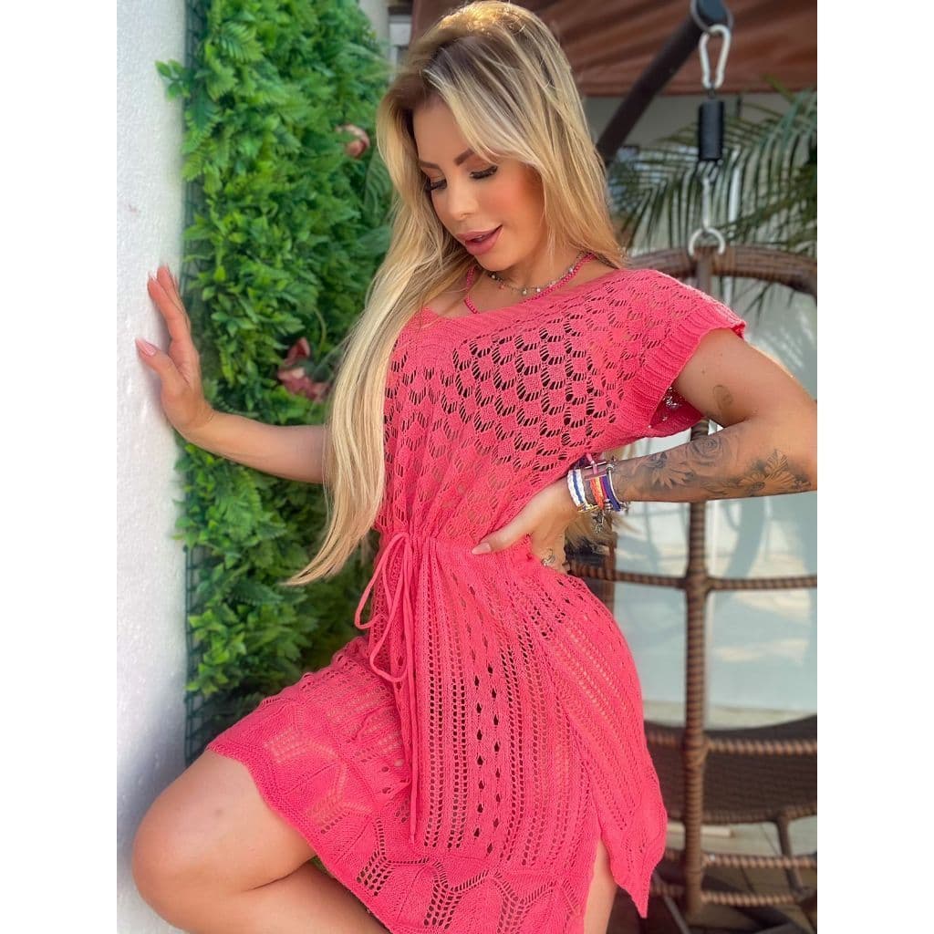 Saida de Praia Vestido Com Fenda Trico Moda Feminina Elegante