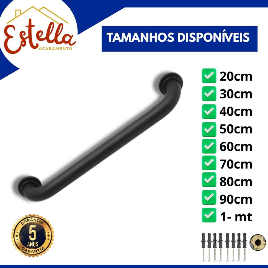 Alça de Apoio Preto Fosco Corrimão Banheiro Alumínio 20cm a 1m Idosos PCD Segurança