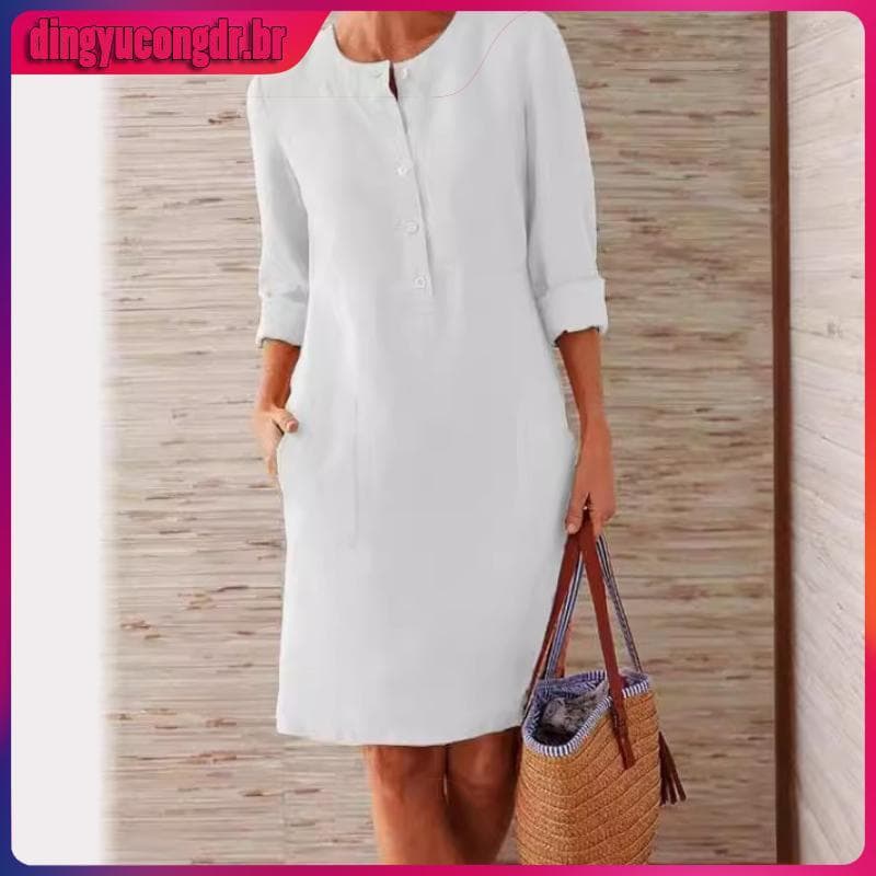Jobhere Tamanhos Grandes Casual Cor Sólida De Algodão De Linho Mulheres Manga Comprida Túnica Vestido Kaftan