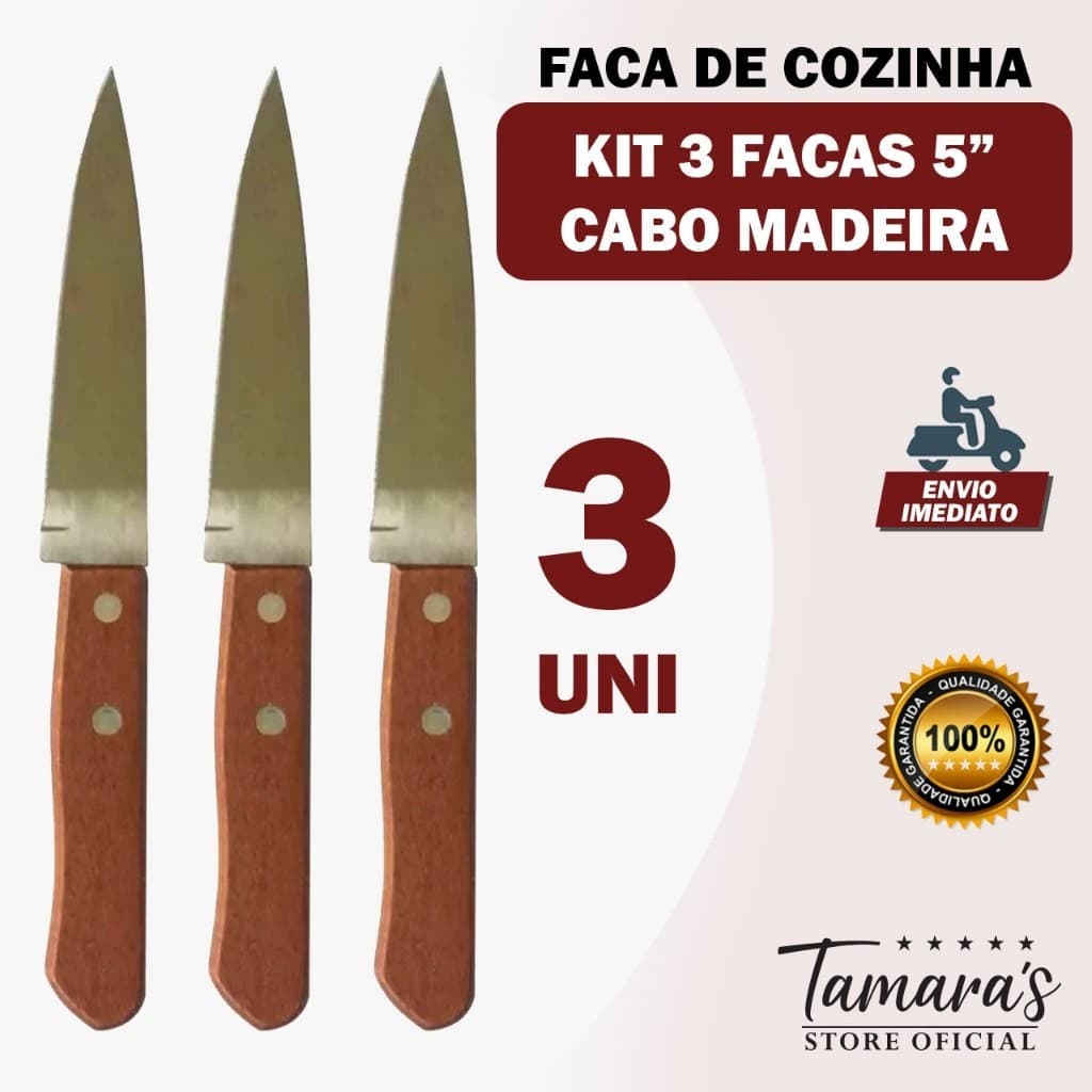 Faca de Cozinha Churrasco Peixeira Cabo Madeira linha Wooden 3 Unidades - Cortes Precisos