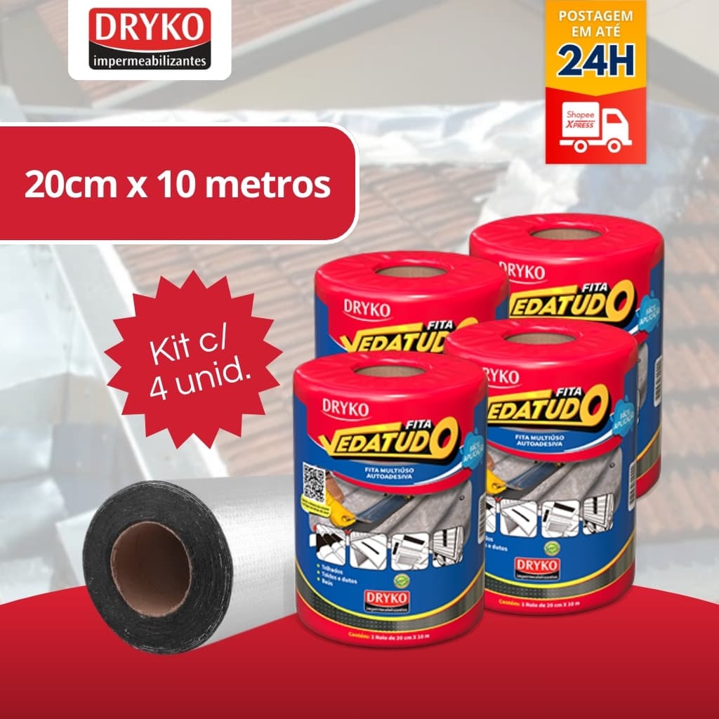 Kit 4 Uni Fita Manta Asfáltica 20cm x 10m - Fita Auto Adesiva Aluminizada p/ Telhado - DRYKO