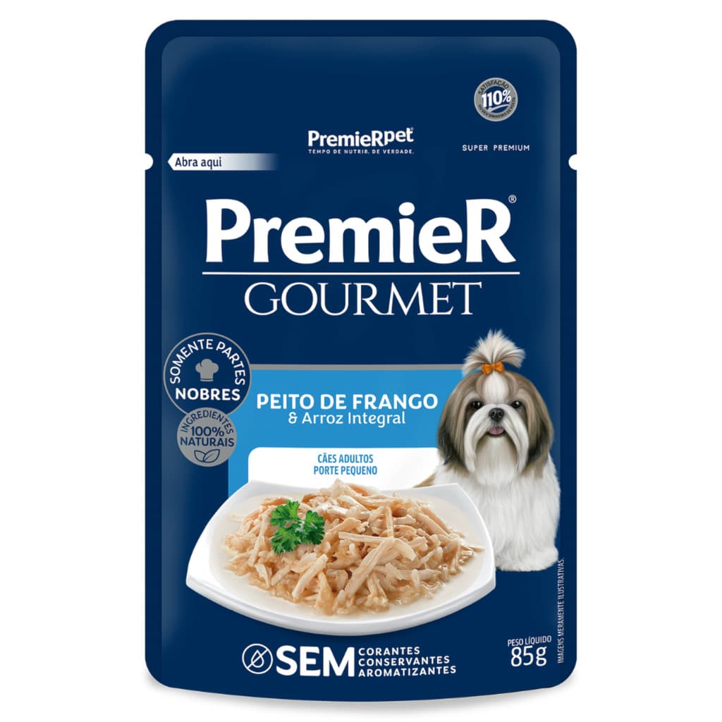 Ração Úmida Sachê PremieR Gourmet Cachorros Adultos Raças Pequenas Frango e Arroz integral 85g