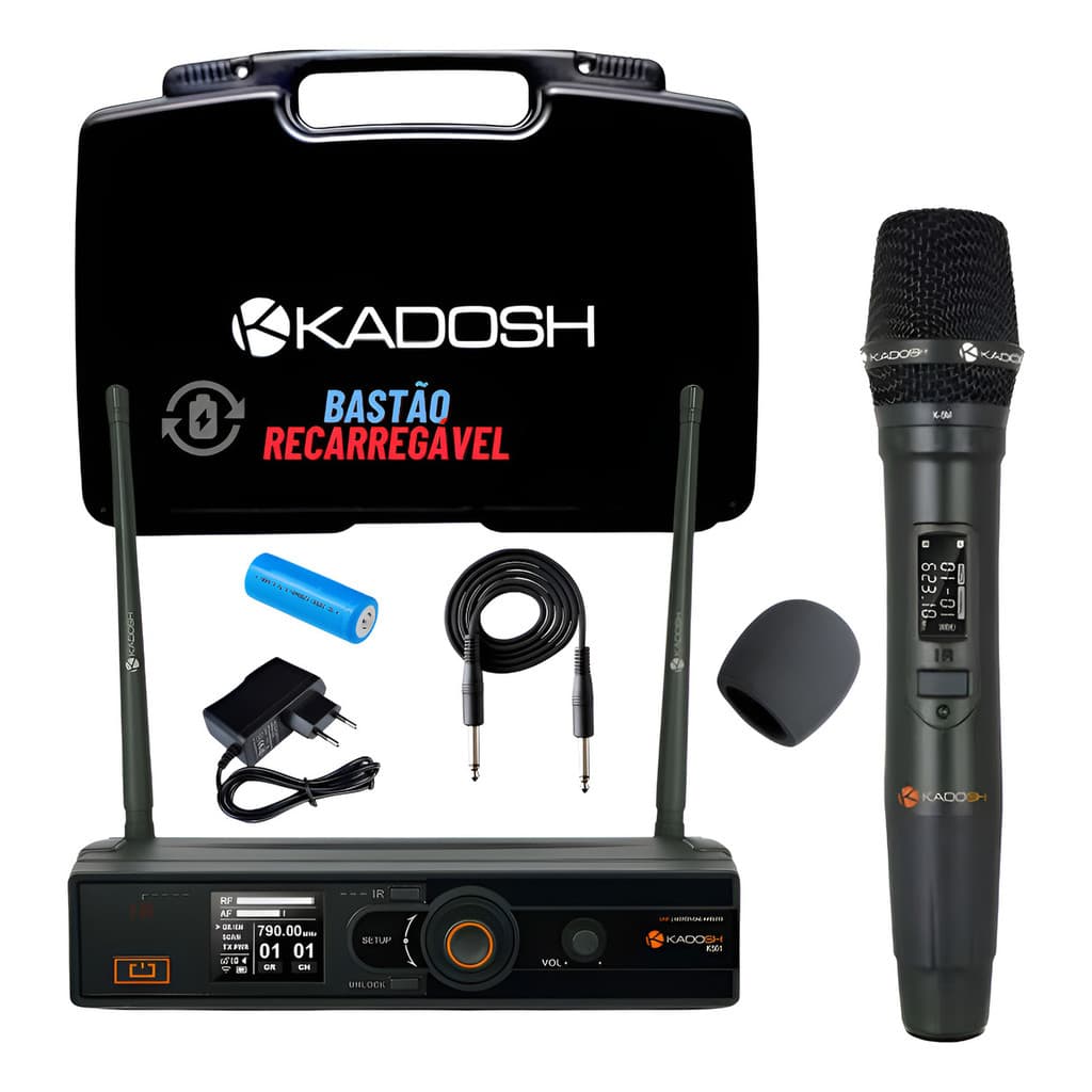 Microfone Sem Fio Kadosh K501m Uhf Profissional + Acessórios - Preto
