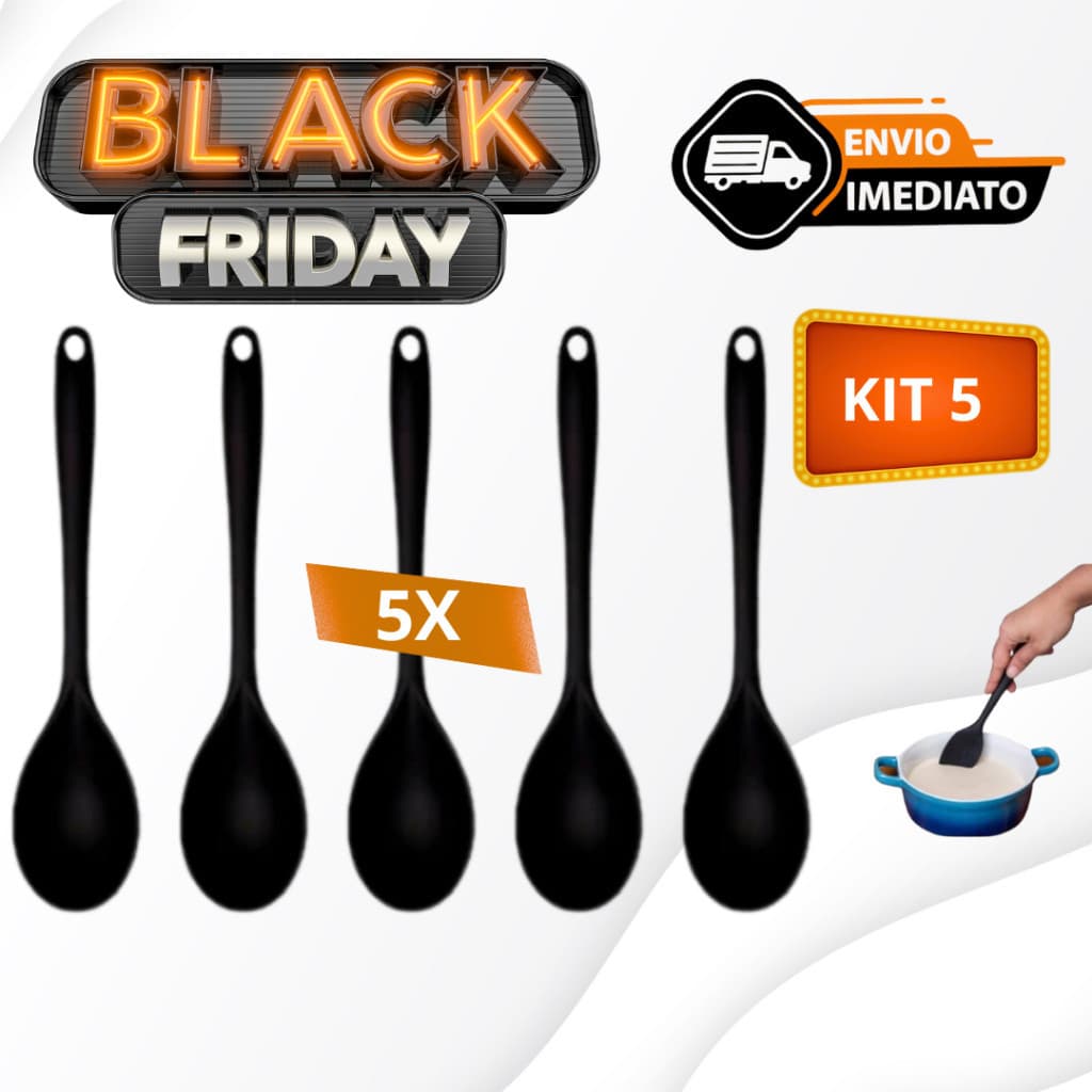 Jogo de Cozinha Preta  5 Peças de Silicone Utensílios e Colher para Cozinha Restaurante Buffet casa