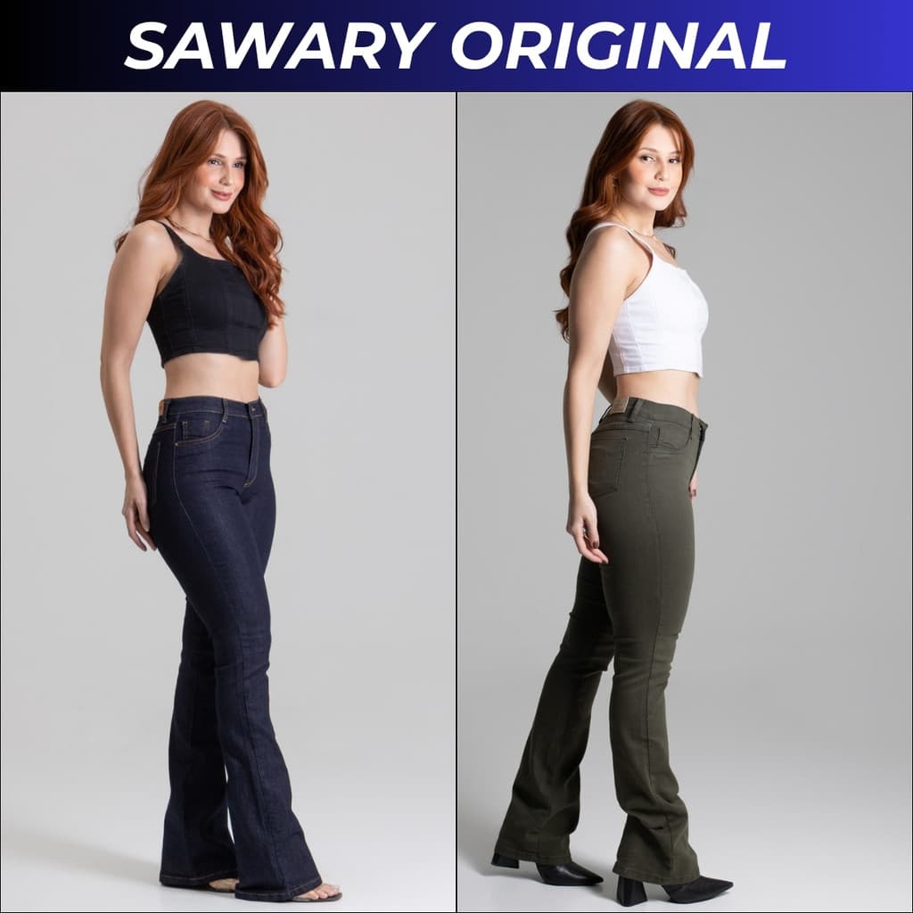 Calça Sawary Feminina Original Cintura Alta Flare Lycra Elastano Boca Sino Demin Jeans Brim Calsa