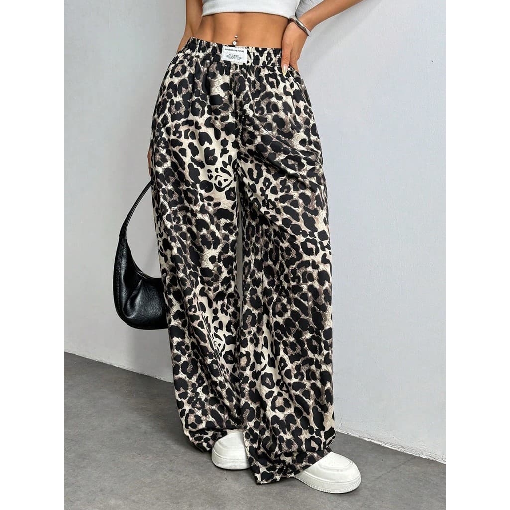 Calça feminina Casual com estampa de leopardo solta cintura elástica estampada calça larga