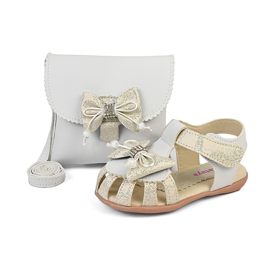 Kit Sandália Com Bolsa Menina Bebê Laço Branco Brilho Estiloso Confortável Lolikids
