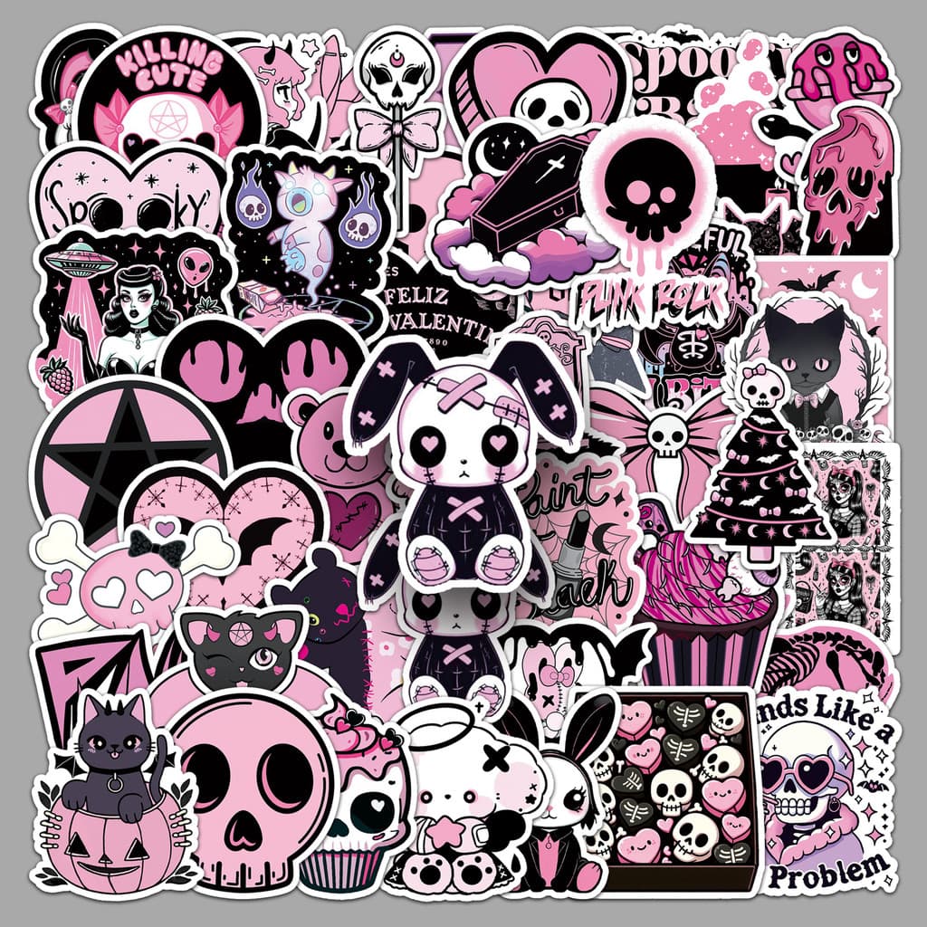 [Meow.Sensei] 50 Folhas de Adesivos de Grafite Gótico Preto e Rosa, Caveira Escura, Decoração Moderna e Legal para Capa