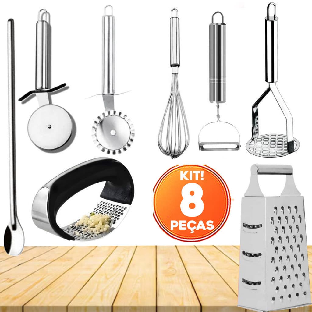 Kit 8 Peças Cortador de Pizza Cortador de Pastel Descascador de Legumes Fuê Fouet Batedor de Claras Amassador de Batata.