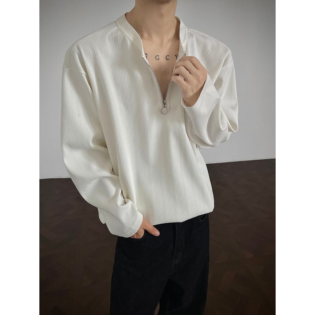 Textura Jacquard meio zíper camiseta de manga comprida masculina primavera outono estilo americano estilo dinheiro antig