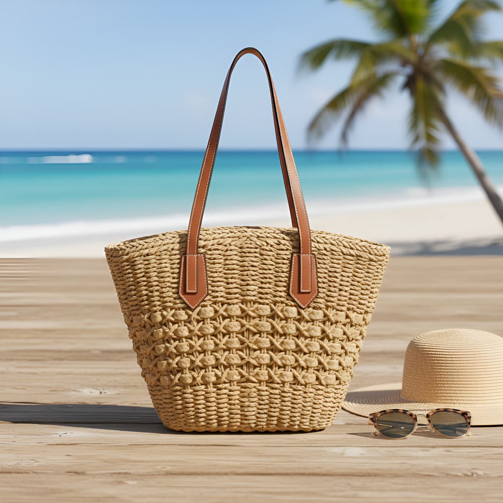 Bolsa Feminina de Verão Média Sacola Praia De Palha Estilo Boho Grande Alça Passeio Trançada Capacidade Artesanal