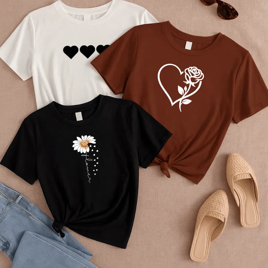 Kit 3 Camisetas Plus Size Feminina P ao G5 Estampada Academia Camisa Blusa  Treino Girassol Coração