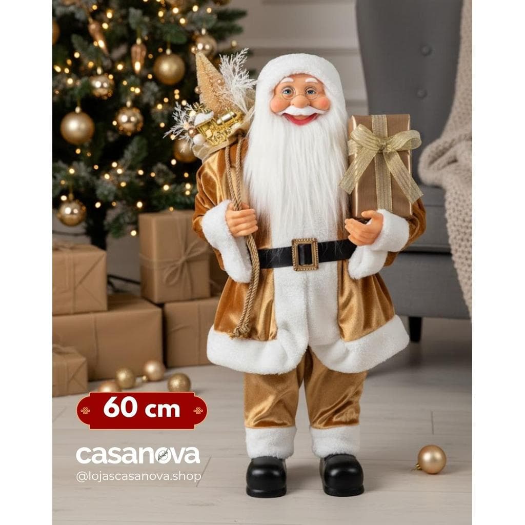 Papai Noel em Pé 60cm Dourado/Branco – Decoração Natalina Premium