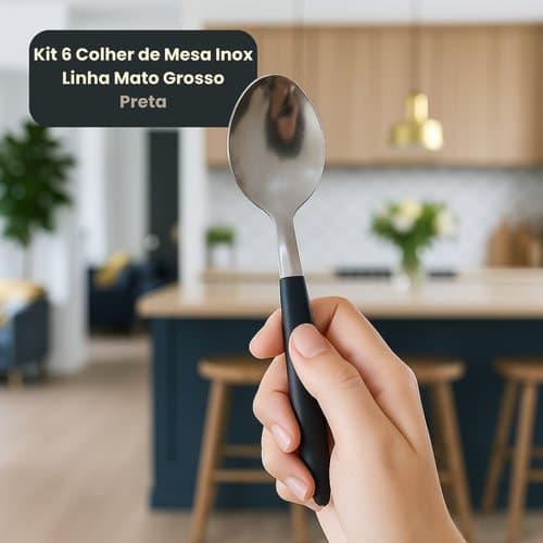 Kit 6 Colheres Mesa Inox Preta Jantar Sobremesa Utensilios