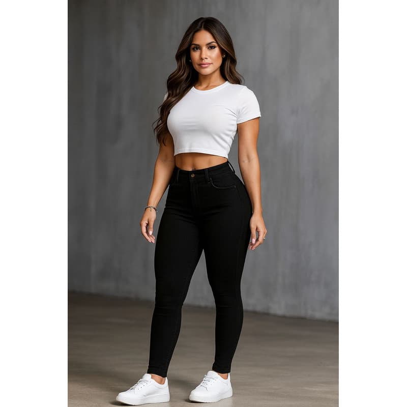 Calça jeans skinny feminina preta cintura alta premium