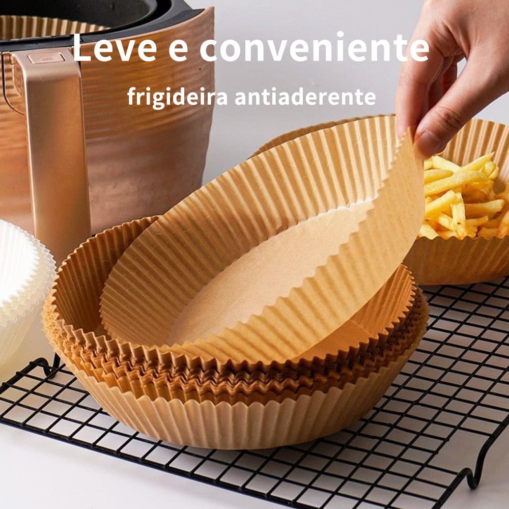 Tapete de Papel Redondo Antiaderente para Air Fryer 50 Peças Descartável Ideal para Cozimento Prático e Fácil Limpeza