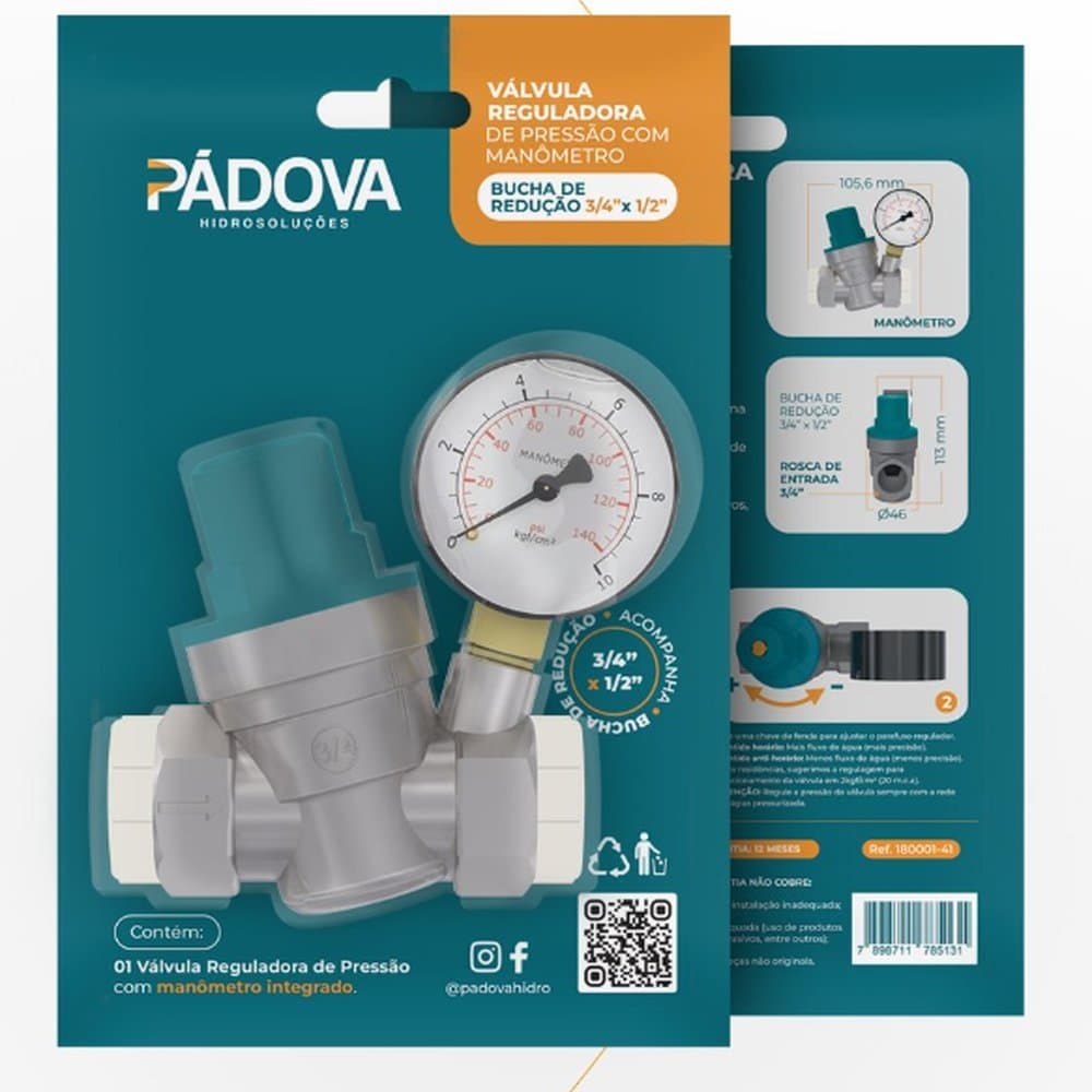 VÁLVULA REGULADORA REDUTORA PRESSÃO COM MANÔMETRO 1/2 E 3/4 PÁDOVA