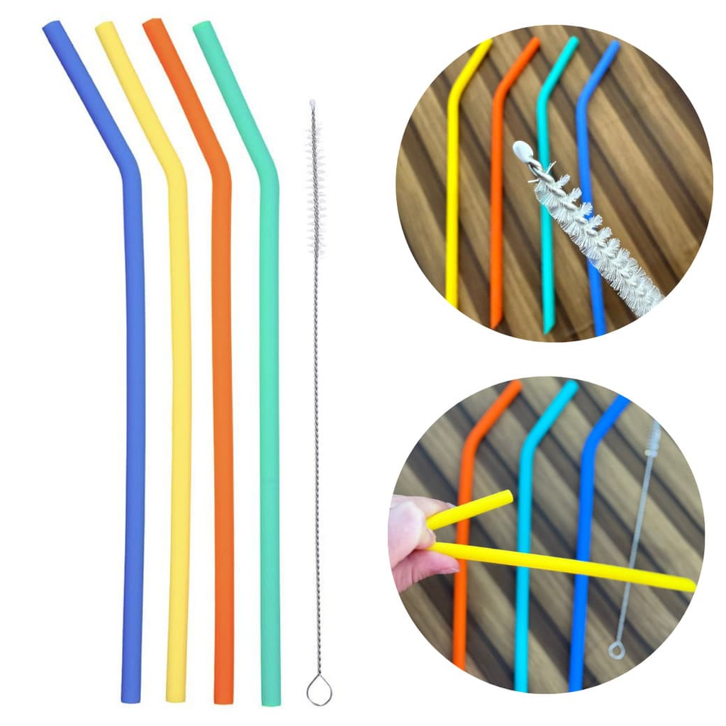 Canudo Colorido Reutilizável Em Silicone E Escova De Limpeza Kit 4 Buba