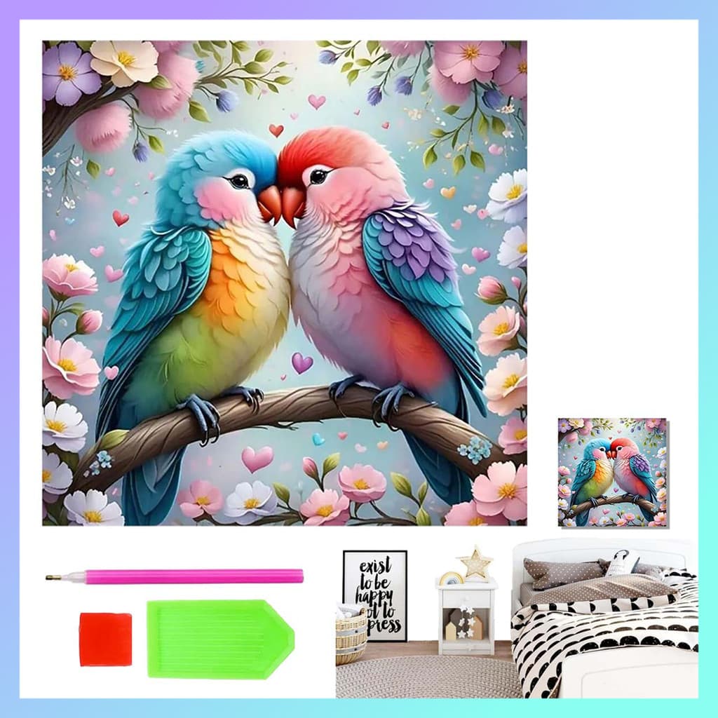 Kit de arte com diamante de pássaro colorido de 30 x 30 cm, pintura de diamante 5D, artesanato com pedras preciosas