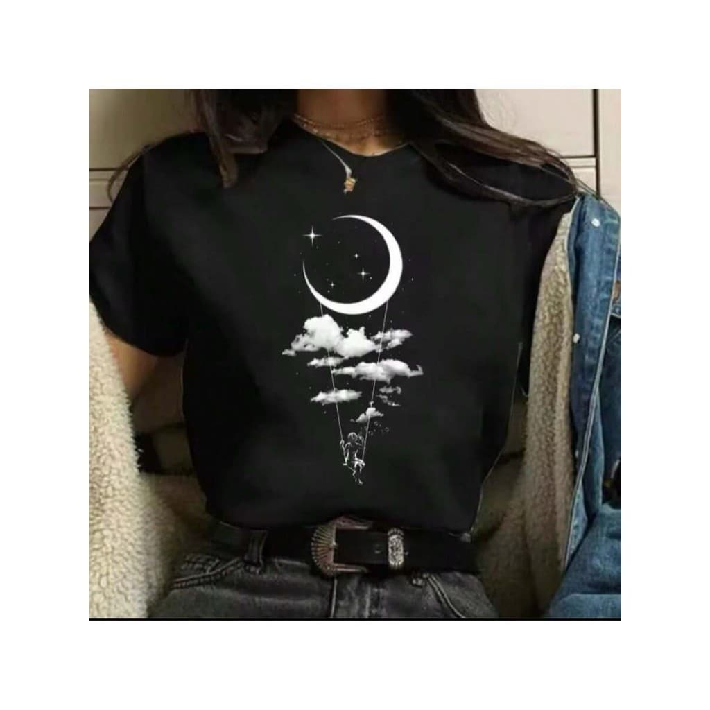 Camiseta 100% Algodão Tshirt Feminina Casual Dia a Dia Lua Desenho