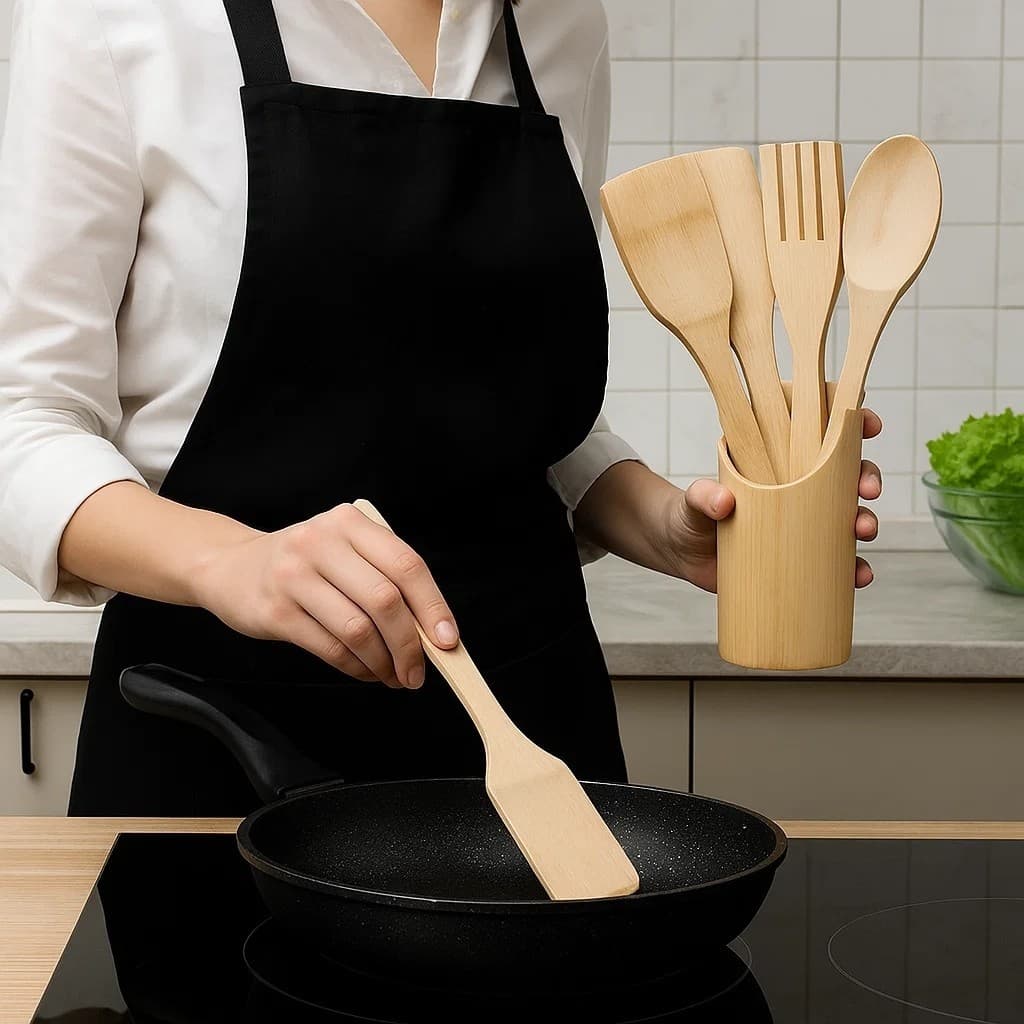 Kit Utensílios Cozinha Bambu 5 Peças Colher Espátula Madeira Natural Sustentável Talheres Antirrisco
