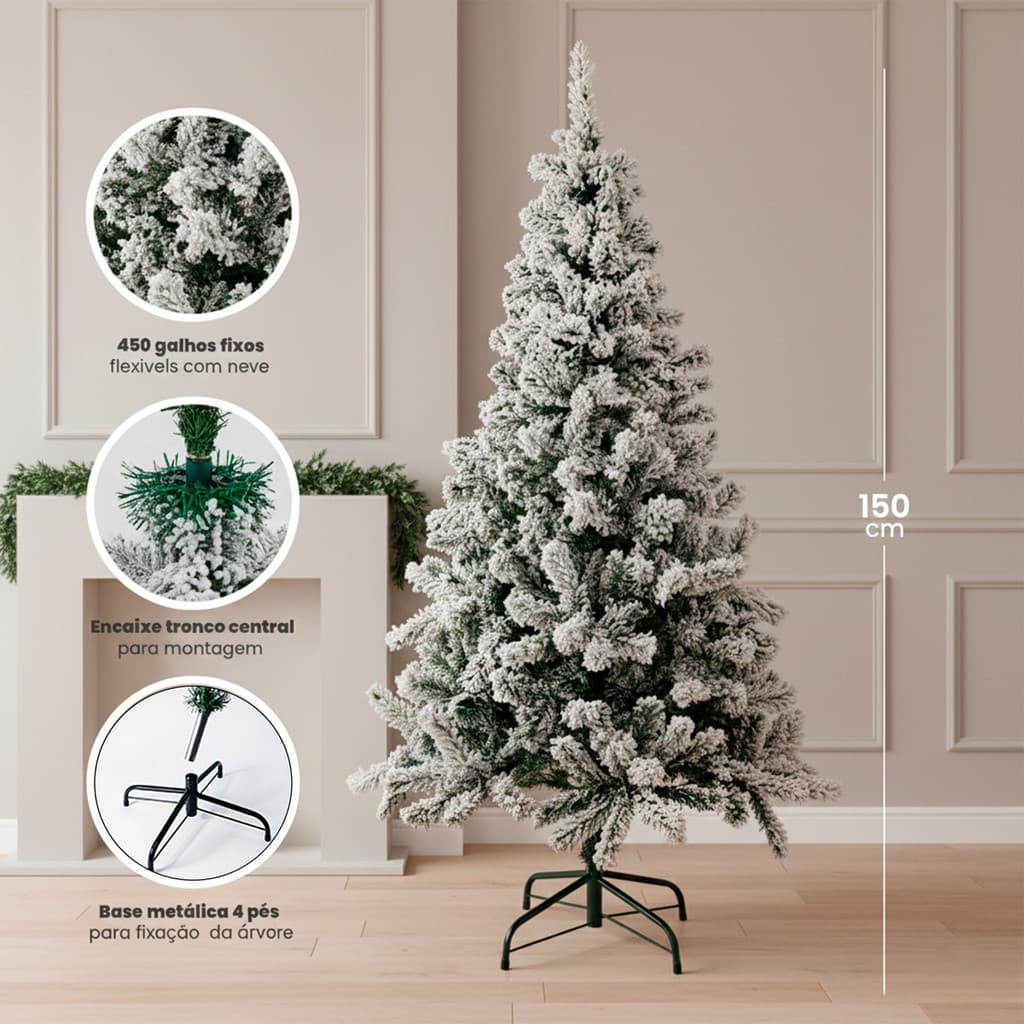 Árvore Natal Pinheiro Galhos Cheia 150cm Verde Neve 450