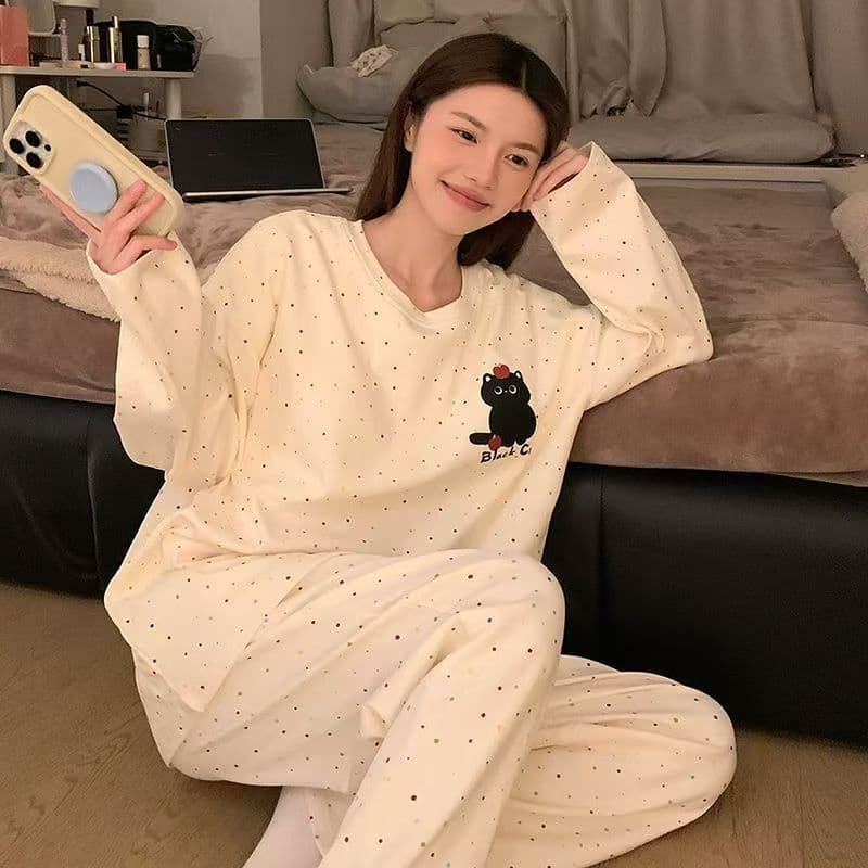 Pijamas femininos primavera outono calças de manga comprida doce bonito dos desenhos animados bolinhas gato Casual solto
