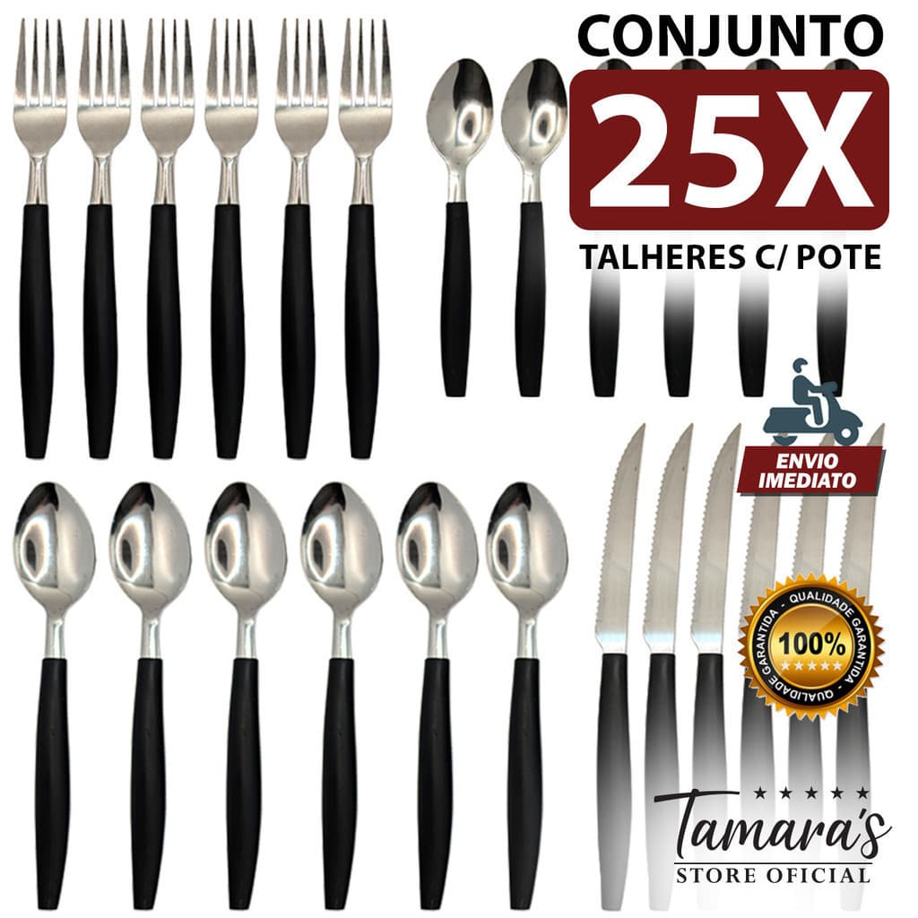 Talheres Canadá preto, Conjunto 25 peças com pote. Moderno, prático e ideal para até 6 pessoas!